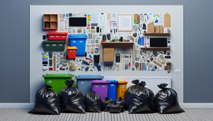 UK house clearance showing heavy-duty waste bags and color-coded containers for sorting items.