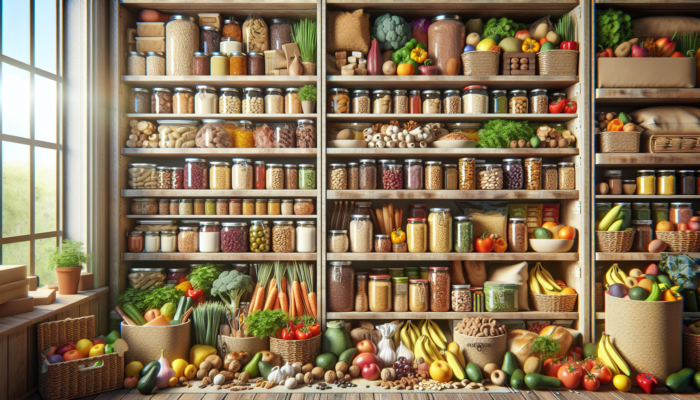 A diverse food stockpile with organized shelves of proteins, fats, carbs, and colorful fruits and vegetables.