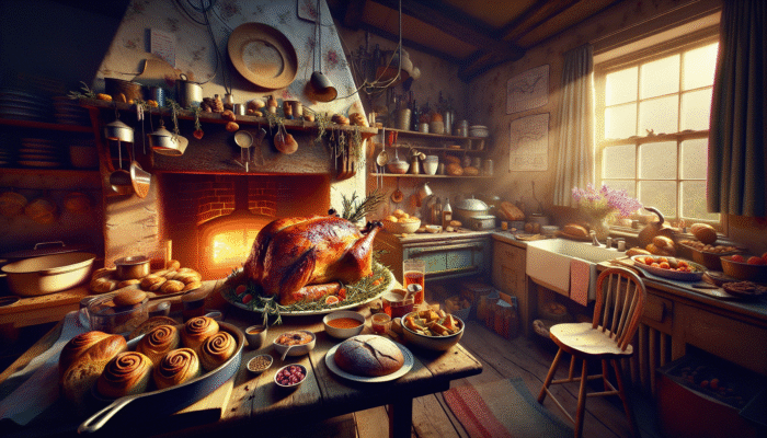 Rosemary enhancing roast lamb, stew, and baked goods in a rustic British kitchen, symbolising cognitive benefits.