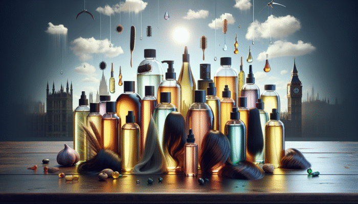 A variety of hair oils displayed on a wooden table, labelled with benefits and suitable hair types, set against a backdrop reflective of UK weather.