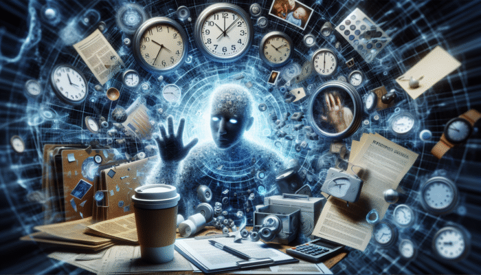 A weary individual surrounded by clocks, work, and family, reaching for an energy drink and coffee.