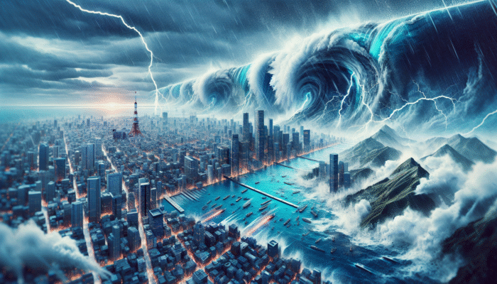 Coastal cityscape illustrating hurricane and heavy rainfall; Pacific Ring of Fire featuring earthquake drills in Japan and Indonesia.