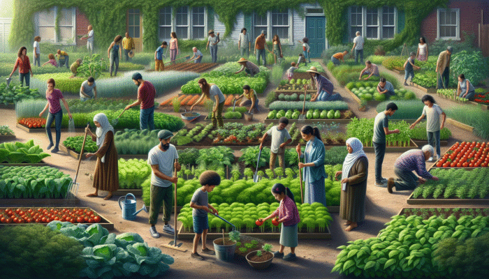 A thriving community garden where diverse groups work together to grow and harvest fresh produce year-round, enhancing unity and cooperation.