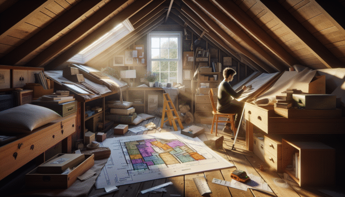 Clearing a UK Attic Affordably: Detailed attic assessment in UK home: measuring, cataloguing items, optimising space, blueprint, natural light.