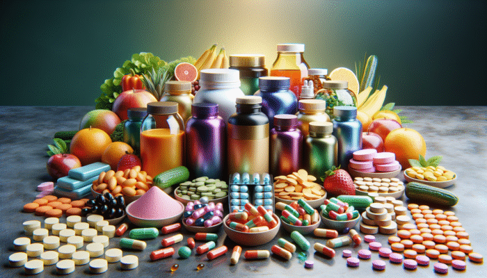 A vibrant display of dietary supplements on a table, accented by fruits and vegetables in the background.