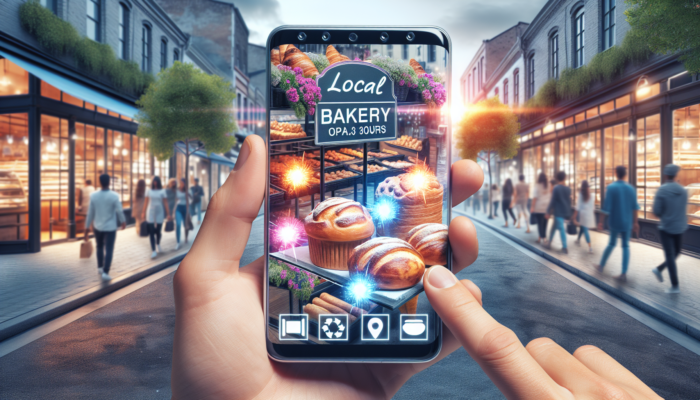 A local bakery's Google My Business profile on a smartphone, showcasing pastries, hours, and reviews, on a bustling street.