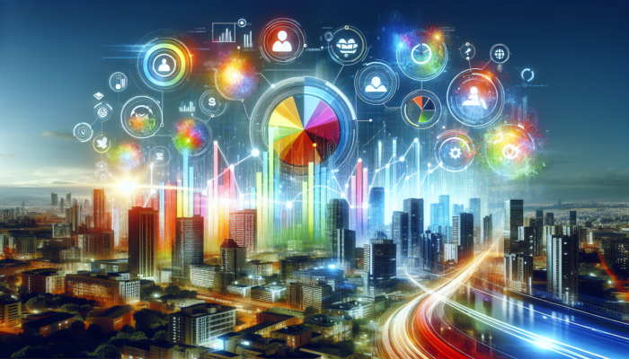 A vibrant Bing business profile showcasing traffic growth and trust indicators, set against a lively city backdrop.