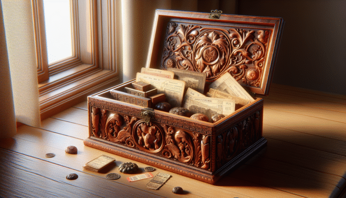 A beautifully crafted wooden keepsake box filled with nostalgic items on a sunlit windowsill.