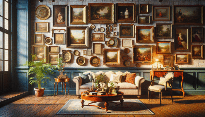 Gallery wall adorned with framed vintage artworks, showcasing family portraits and market finds, evoking nostalgia and cultural richness.