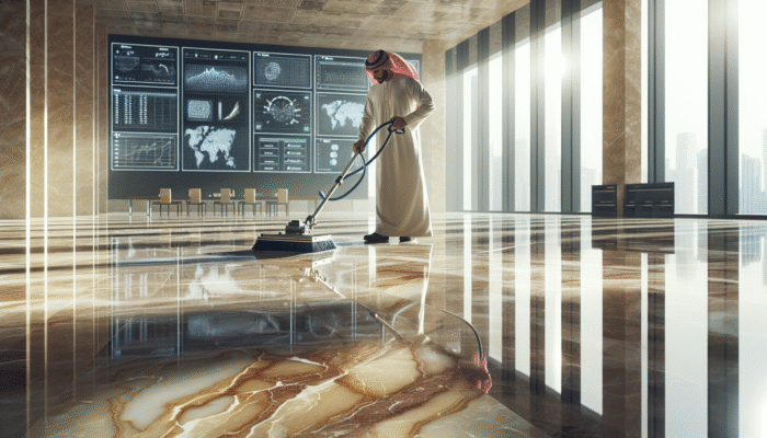 A person cleaning a travertine floor with specialised tools in a sunlit room, highlighting the stone's veining.