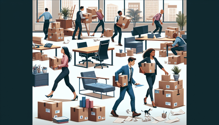 Workers urgently packing and moving office furniture, signs indicating extra fees for urgent services and specialised disposal in a modern Australian office.