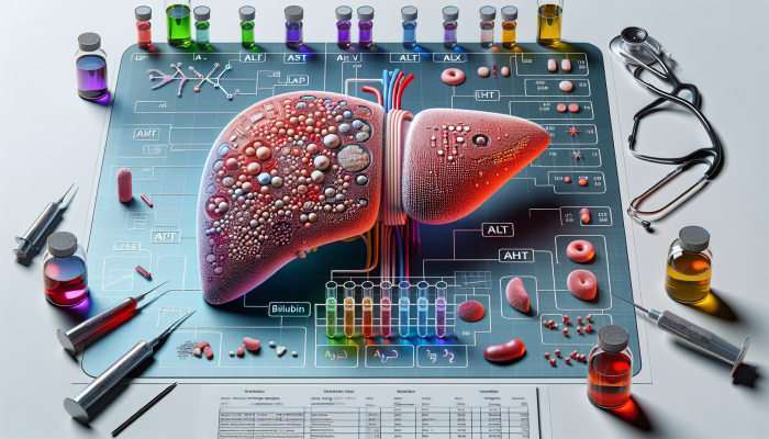 Illustration of a liver showcasing its enzyme levels and related medical test elements in Salford.