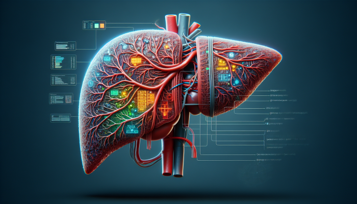 Detailed medical illustration of a liver showcasing advanced blood test results and associated health conditions.