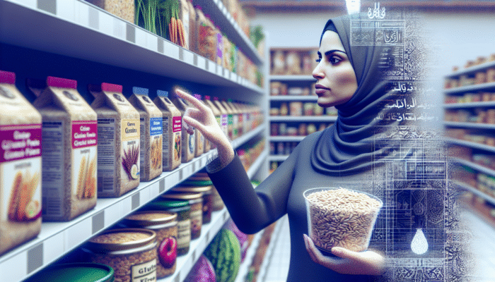 Person reading labels in a supermarket, focusing on gluten-free products and alternative grains.