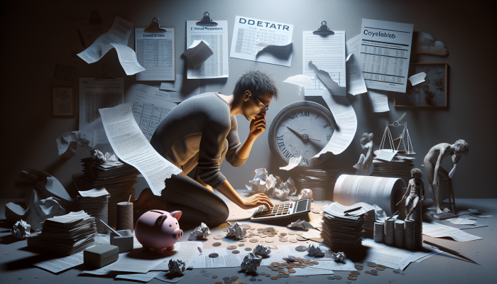 Examining the Impact of Debt Consolidation on Future Loans: Risks Explained | DCL Person in a dimly lit room, surrounded by financial documents, anxiously calculating extended debt repayment on a calculator, calendar showing prolonged dates.