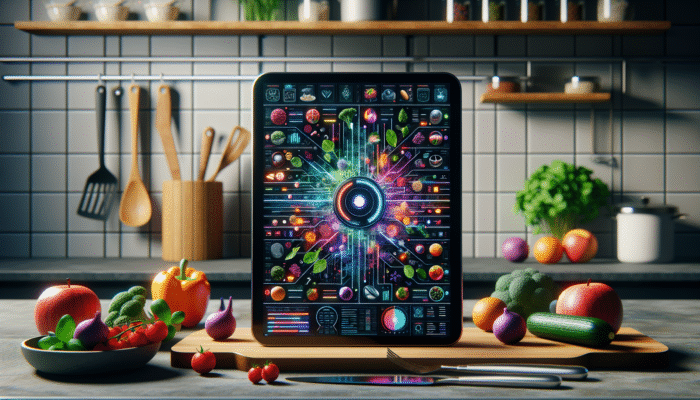 A modern kitchen with an AI tablet displaying a variety of recipes, surrounded by fresh ingredients and cooking utensils.