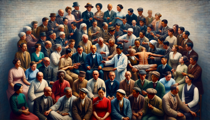 Early 20th-century British individuals gathered around an acupuncturist, illustrating a blend of intrigue and skepticism towards this ancient Chinese practice.