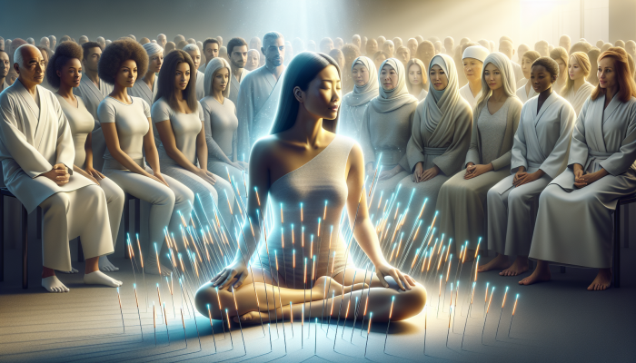 A tranquil Asian woman undergoing acupuncture treatment, surrounded by glowing needles, observed by a diverse crowd.