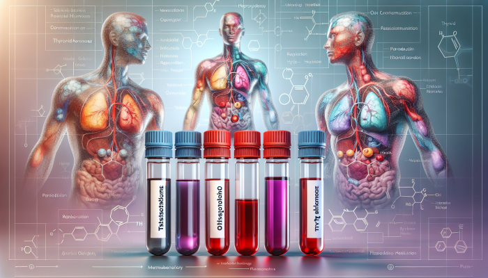 Illustration depicting male hormone blood test vials labelled testosterone, oestrogen, thyroid hormones, alongside male anatomy diagrams.