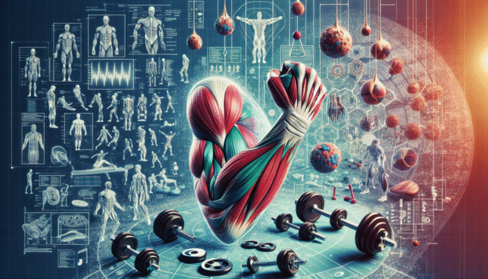In-depth anatomical illustration depicting muscle tears, inflammation, and swelling alongside exercise equipment and biomechanics diagrams.