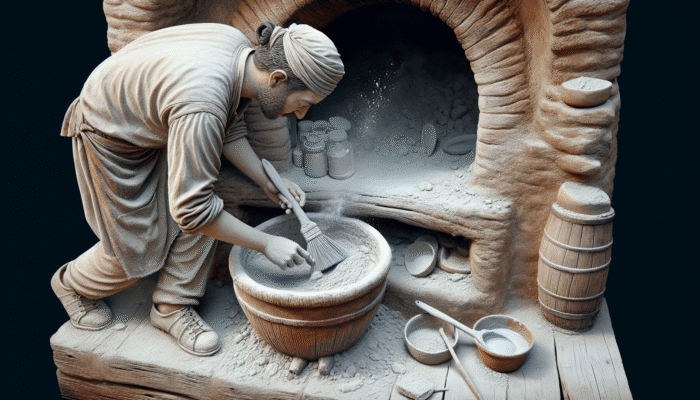 A person meticulously cleaning the interior of a clay oven with a brush and baking soda paste in a rustic kitchen.