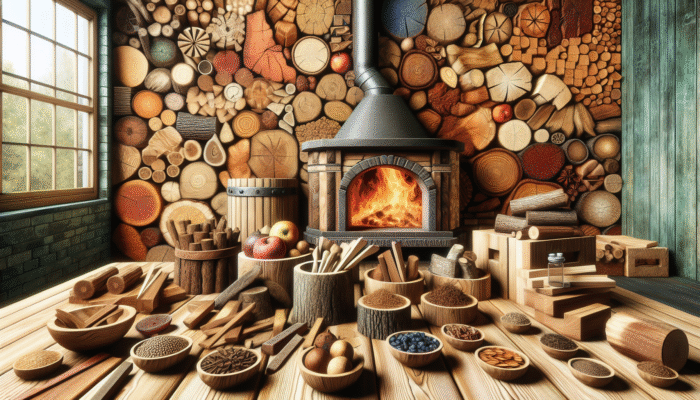 A rustic kitchen adorned with oak, hickory, mesquite, and fruitwoods around a wood-fired oven, enriching dish flavours.