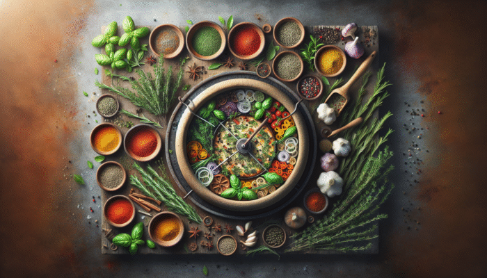 A rustic clay oven filled with fresh herbs and bowls of spices enhancing a sizzling dish.