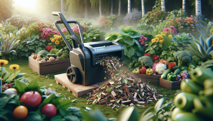 Electric shredders and chippers transforming garden waste into mulch for enriching soil around vibrant plants.