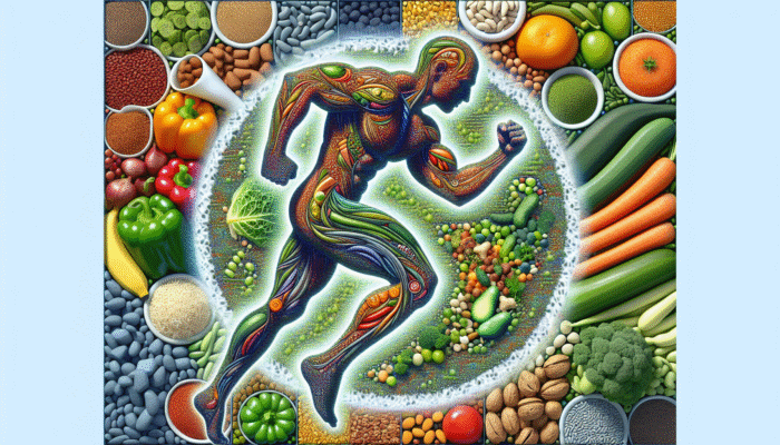 A collage of vegan foods like leafy greens, nuts, and legumes surrounding an athlete silhouette.