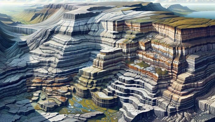 Geological cross-section of the UK showcasing Chalk, Carboniferous Limestone, and Oolitic Limestone with detailed annotations on texture, colour, and fossils.