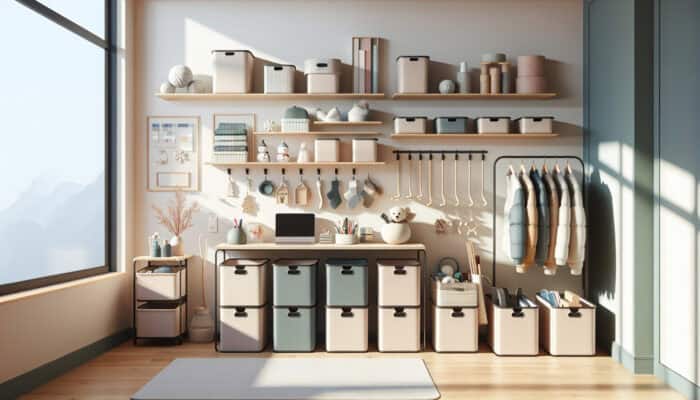A minimalist room with organised storage solutions including bins, shelves, hooks, and labelled containers for seasonal items.