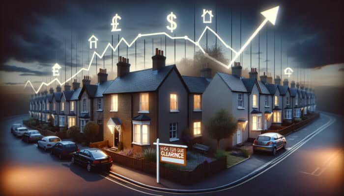 Graph depicting changes in UK house clearance market prices alongside economic indicators and conditions.