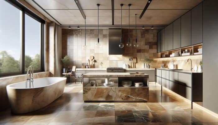 Modern Australian kitchen and bathroom showcasing honed, tumbled, and polished travertine tiles in warm earthy tones.