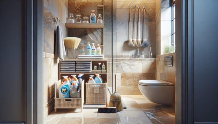 Australian bathroom featuring travertine tiles and suitable cleaning supplies for natural stone care.