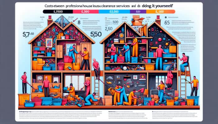 Infographic showing cost comparison of professional vs. DIY Australian house clearance, with charts and people clearing items.