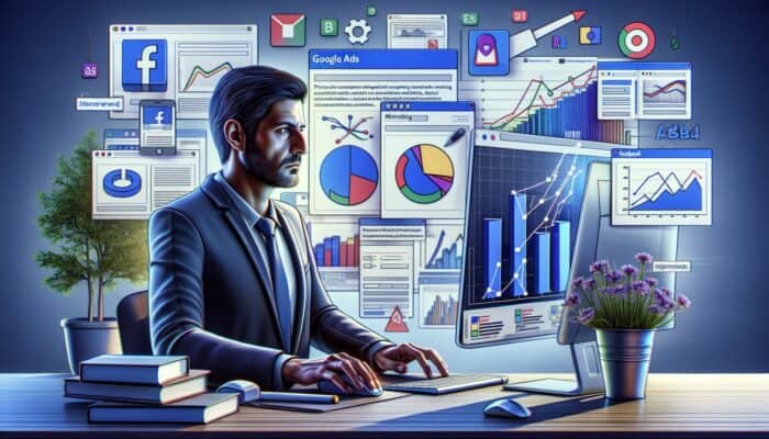 Marketer setting up an A/B test on a computer, focusing on Google Ads and Facebook Ads interfaces with result graphs.
