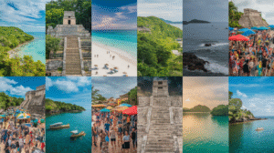 A collage of 12 photos showing beaches, ancient stone ruins, green landscapes, ocean views, crowded festivals with market stalls, boats on water, and people on sandy shores under blue and cloudy skies—ideal for a Belize travel guide.