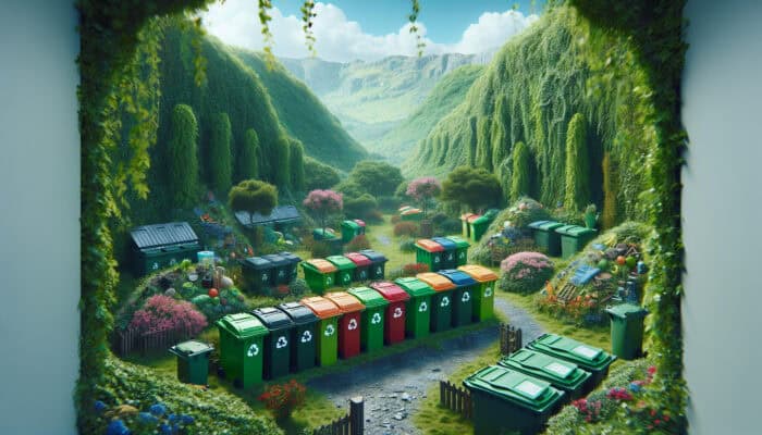 A visual representation of UK green disposal practices highlighting recycling, composting, and secure hazardous waste disposal within sustainable landscapes.