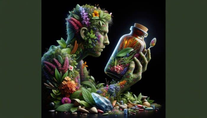 A person examining a herbal remedy bottle's ingredient list, surrounded by herbs and natural elements.