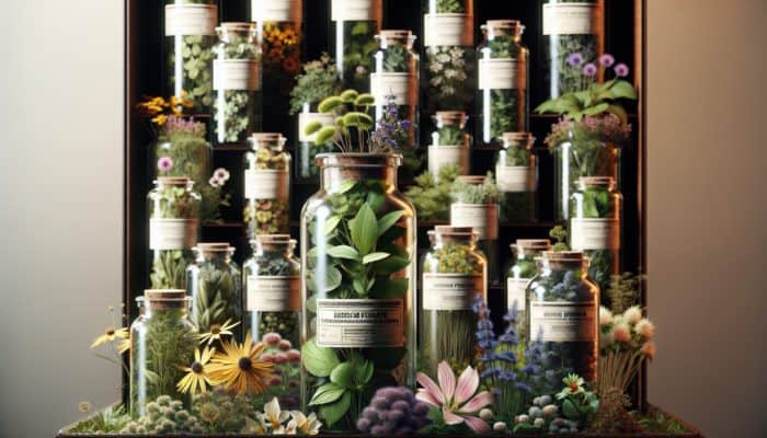Close-up of herbal remedy labels featuring Latin names like Hypericum perforatum on glass bottles, surrounded by fresh herbs and flowers.