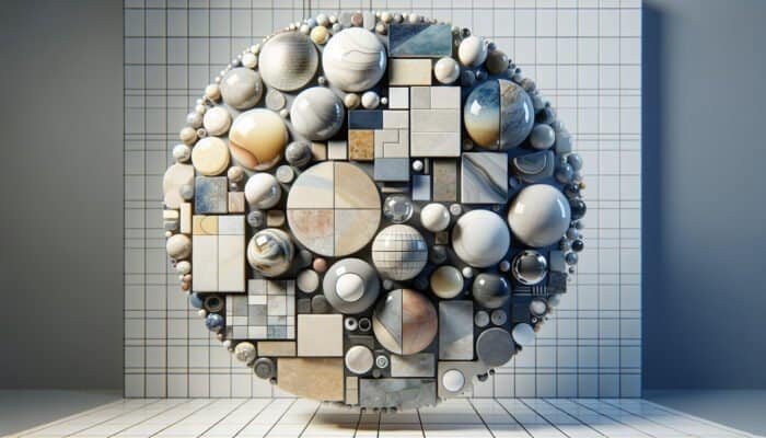 A variety of porcelain tiles: glazed, glossy and water-resistant; unglazed with natural texture; polished, smooth and reflective, showcased in a busy area.