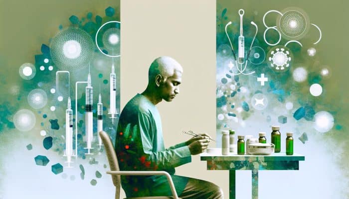 An individual calmly preparing for a liver blood test in a tranquil medical environment featuring green and white decor.