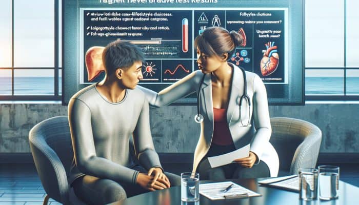 An individual in Blackpool discussing their liver test results with a healthcare provider in a clinic, appearing relieved and informed.