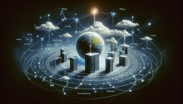Understanding Content Clusters for Hosting SEO: A digital ecosystem illustrating a content cluster with "Web Hosting" as the central pillar connected to "Shared Hosting," "VPS Hosting," and "Dedicated Hosting" nodes.