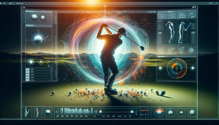 Golf swing analysis software interface featuring slow-motion playback, drawing tools, and side-by-side comparison feature.