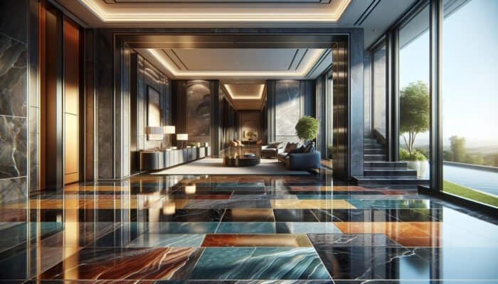 Elegant interior featuring glossy polished slate floors in a variety of colours, enhancing a sophisticated home in Barnes Cray.