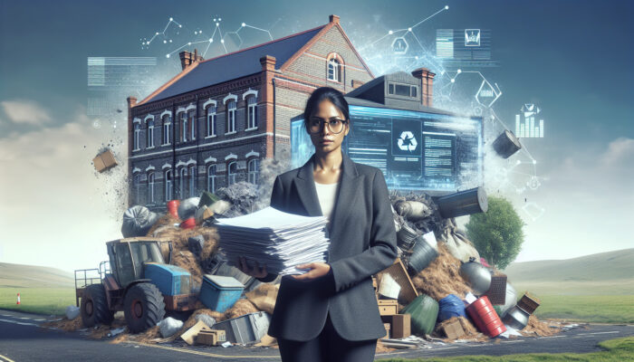 Individual with council permits in front of a house laden with bulky items and hazardous waste, featuring a UK town hall backdrop.