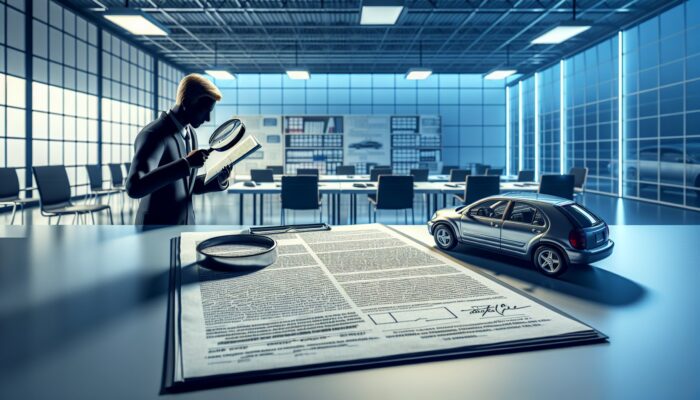 Individual in an office meticulously examining a rental contract, focusing on vehicle condition, fuel policy, and fees.