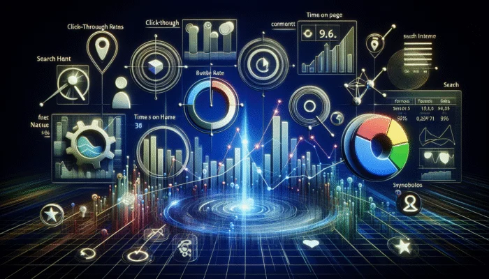 A digital dashboard displaying Google Analytics data with graphs on click-through, bounce rates, and time spent on page.