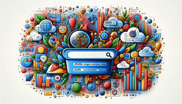 A digital illustration of a search bar filled with long-tail keywords, surrounded by audience icons and graphs indicating increased visibility and conversion rates.
